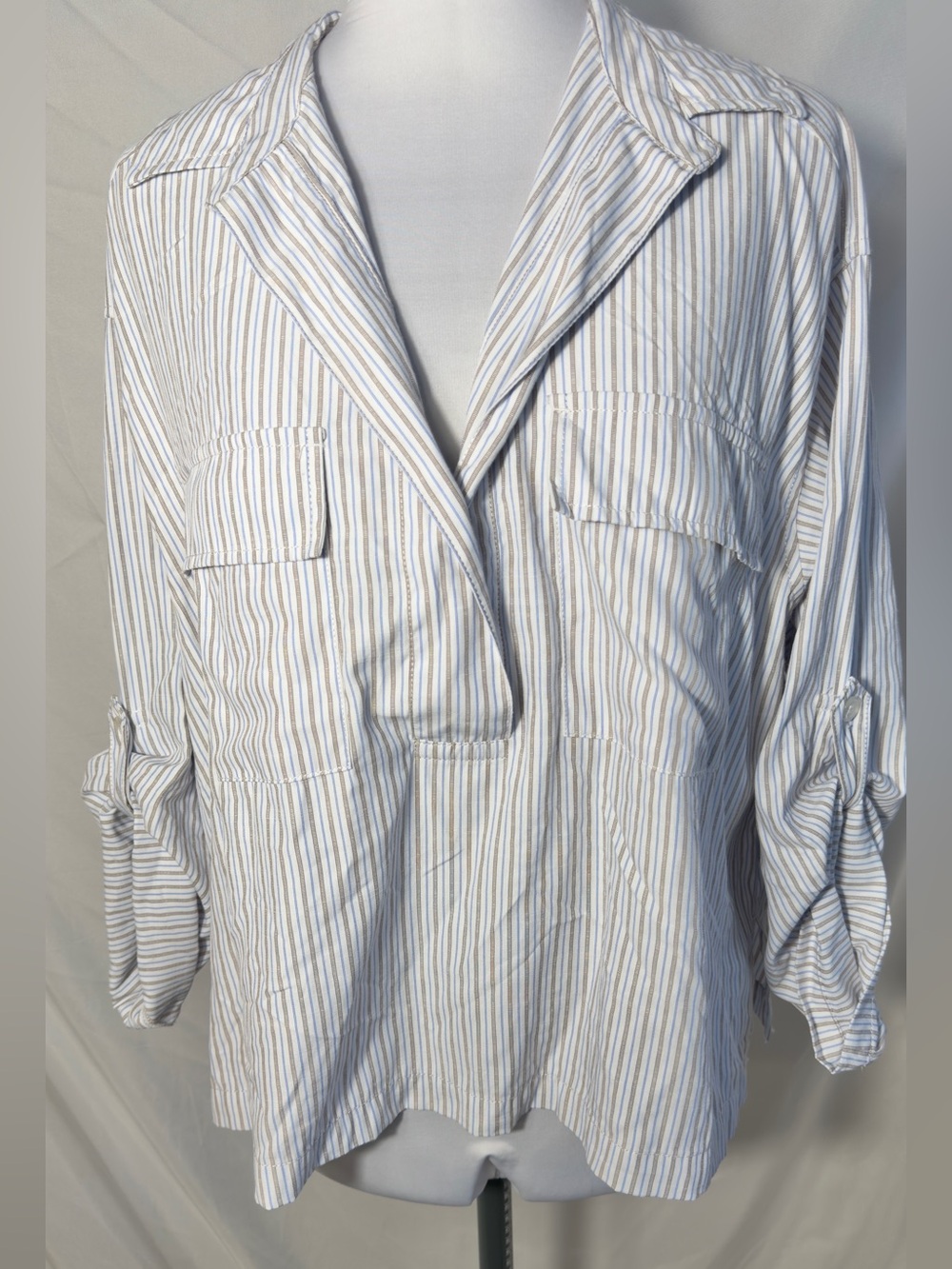 Max Studio Striped Roll-Sleeve Popover Utility Blouse Blue/Brown